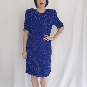 80s Blue‎ Silk Sequin Covered Dress